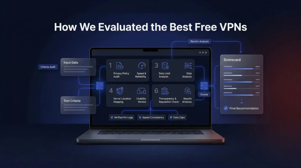 Evaluation framework showing six criteria used to rank the best free VPN options including privacy audit speed reliability and transparency checks