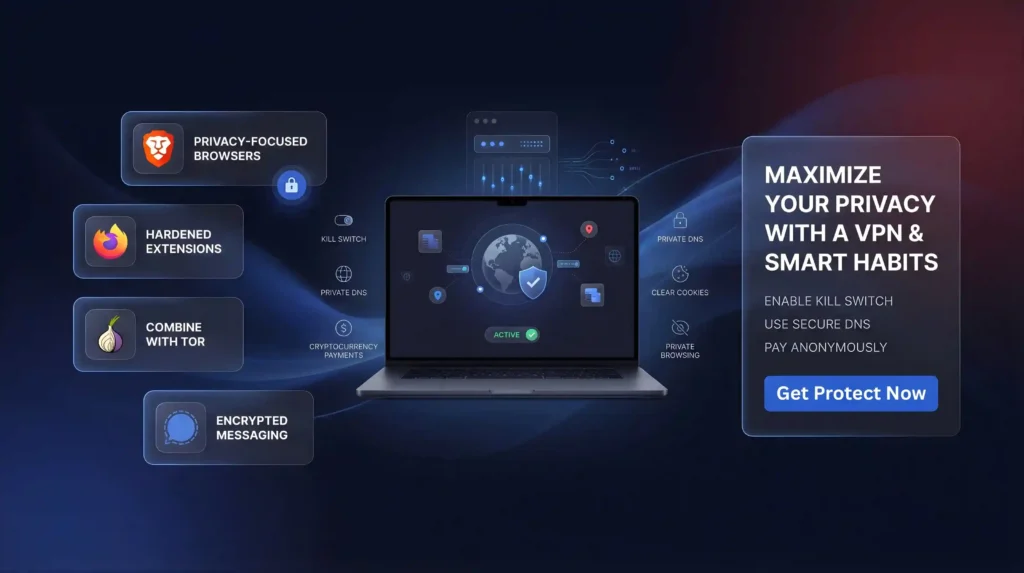 How to maximize privacy with the best VPN for privacy showing kill switch, private DNS, Tor integration, encrypted messaging, and anonymous payments