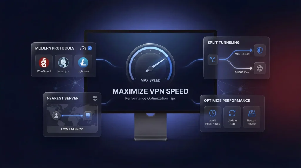 Tips to maximize best VPN for speed performance using WireGuard, NordLynx, Lightway protocols, nearest server, and split tunneling