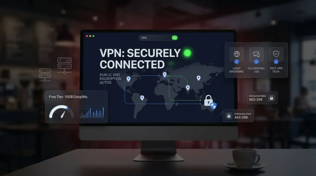 Best free VPN securely connected on public WiFi showing AES-256 encryption and 10GB free tier for light browsing and occasional use