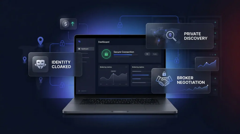 .com vs .xyz domain broker dashboard showing identity cloaked buyer protection private discovery and broker negotiation features for acquiring premium domains