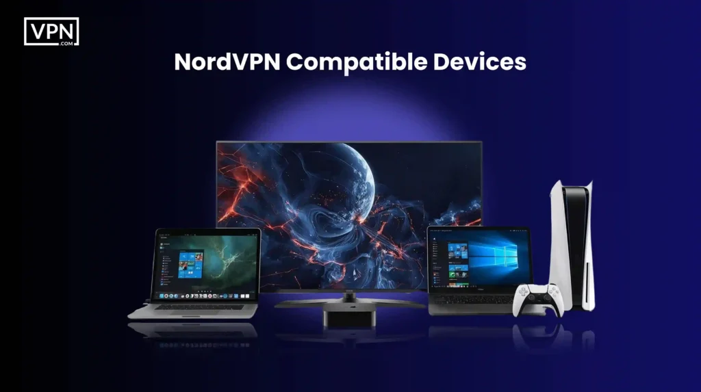 NordVPN review compatible devices image showing laptop, desktop and gaming console