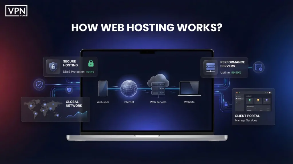 How hosting works showing the connection from web user to internet to web servers with DDoS protection and 99.99% uptime