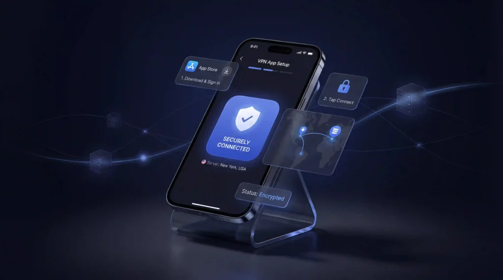 How to set up a VPN on iPhone showing App Store download, secure connection, and encrypted status